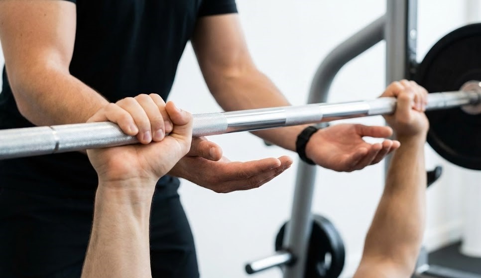 Close-up of proper bench press grip with a spotter ready