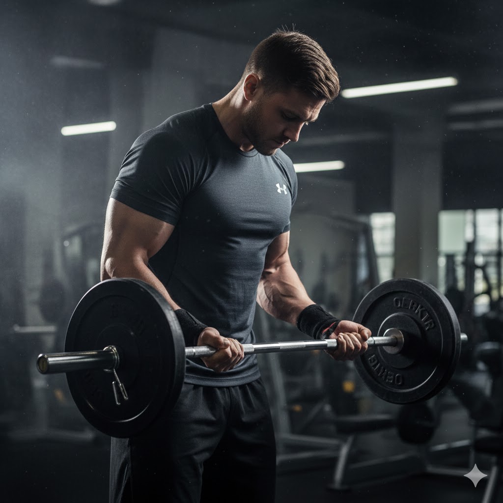 A man sitting on a gym bench, reviewing his workout plan with a determined expression, embodying the mental focus required for Mike Mentzer Negative Training.