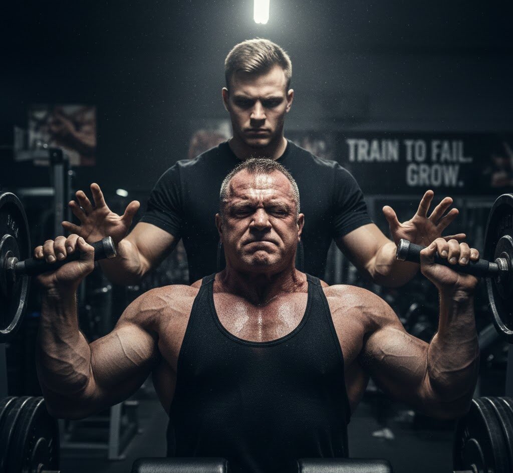 Man intensely straining to push the final repetition on a machine chest press, demonstrating the principle of going to absolute muscular failure required by the Mike Mentzer workout.
