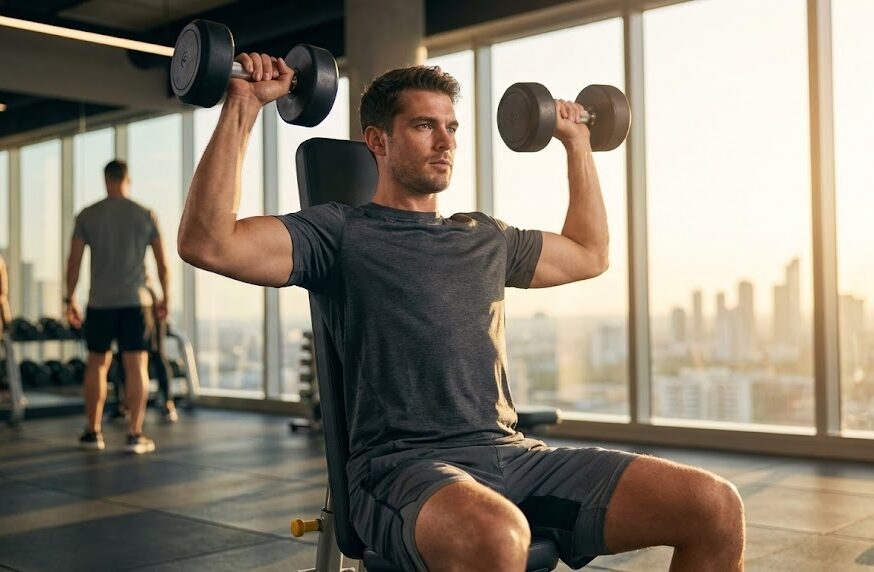 Trainer teaching a client how to train shoulders safely